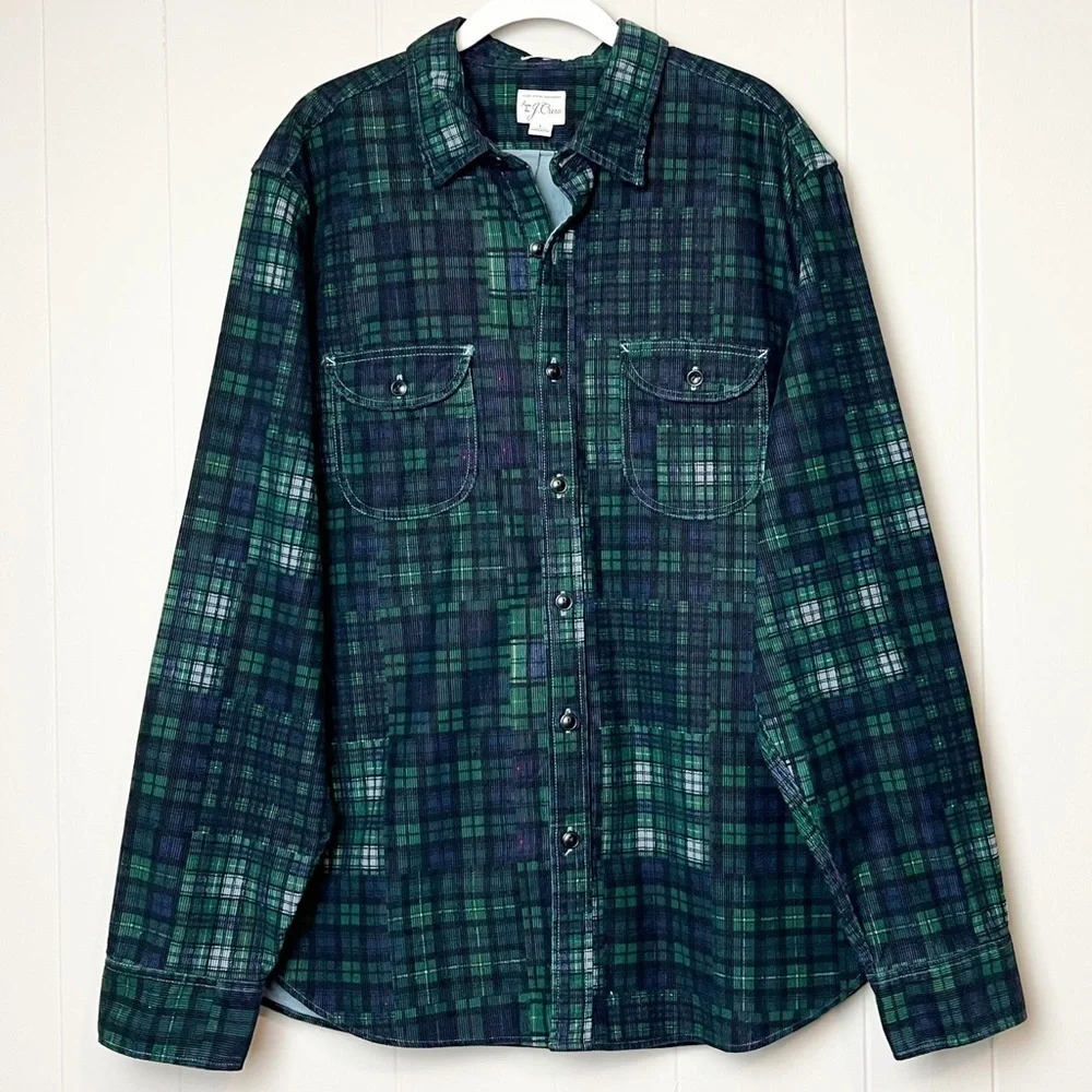 J. Crew Garment Dyed Corduroy Workshirt Large blue green plaid shirt shacket‎